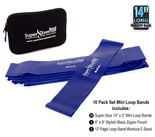USA 14" x 3" Extra Long Latex Free Mini Loop Bands in 3, 5, 10 Pack Sets. 10 Strengths for Resistance Training, Stretching, Yoga, Toning. Plus an Exclusive iPhone App and E-Book. - color: k. Blue MEDIUM Loop Band 10 Pack
