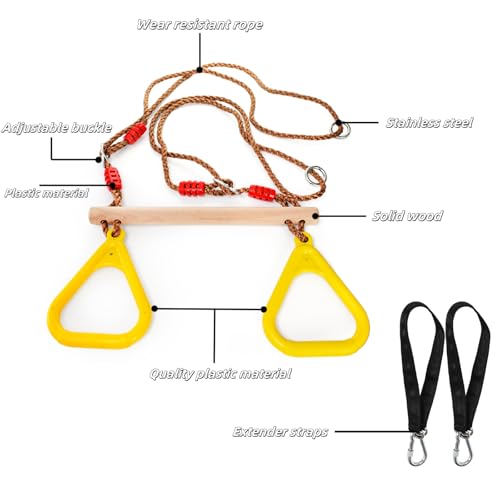 Trapeze Bar, 16" Adjustable Height Wooden Swing Set, Trapeze Climbing Bar Assembly with Rings, Gym Hanging Accessories Playground Attachments