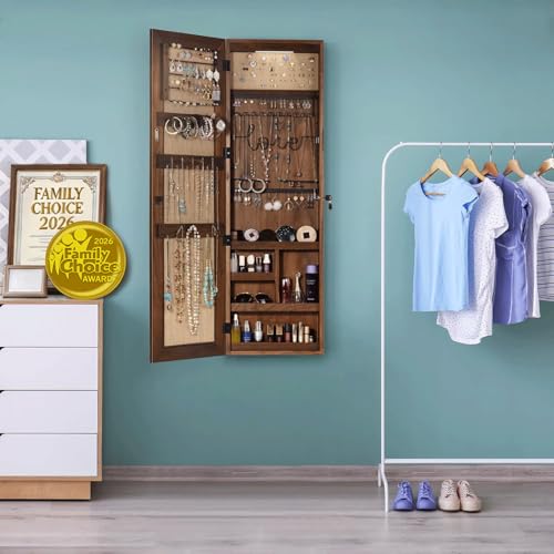 SRIWATANA Jewelry Organizer, Wall/Door Mounted Jewelry Armoire Cabinet with Mirror, Solid Wood(Dark Brown) - color: dark brown