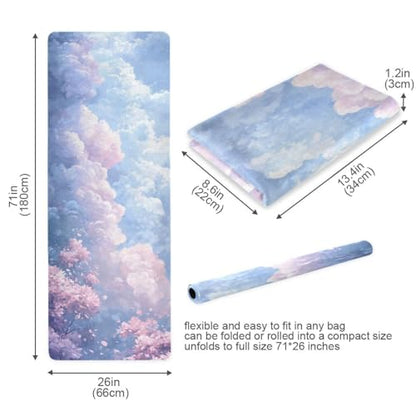Kigai Travel Yoga Mat 71" x 24" Non Slip Natural Rubber Foldable Exercise Mat Ultra Thin 1.5mm Lightweight for Fitness, Pilates & Home Workout, Colorful Clouds
