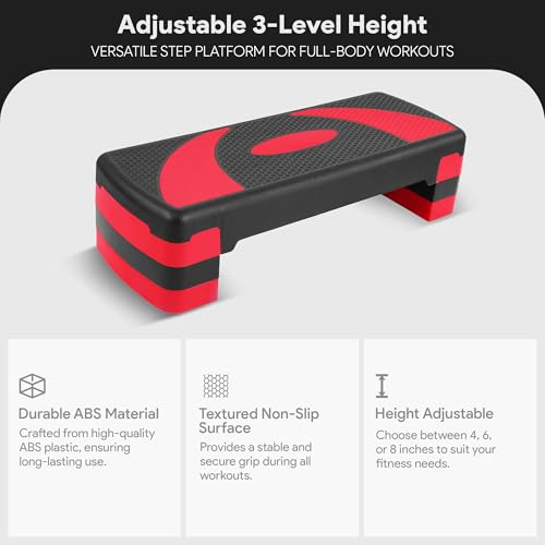 BalanceFrom 31-inch Aerobic Step Platform Trainer with 3 Adjustable Risers - color: Black/Red