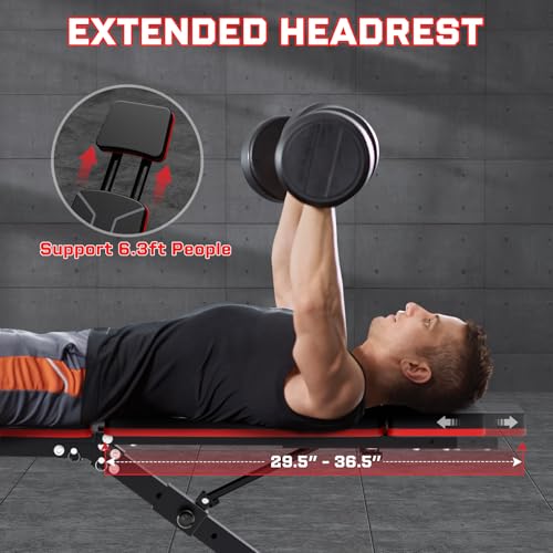 Adjustable Weight Bench - Bench Press for Full Body Workout, Foldable Workout Bench for Home Gym, Strength Training Bench to Incline Decline Flat w/Leg Extension and Pracher Pad (Red)