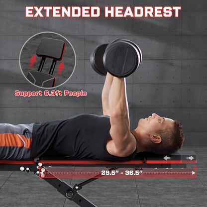 Adjustable Weight Bench - Bench Press for Full Body Workout, Foldable Workout Bench for Home Gym, Strength Training Bench to Incline Decline Flat w/Leg Extension and Pracher Pad (Red)
