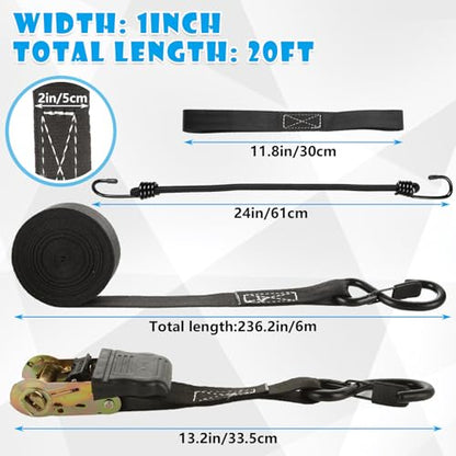4pc 1in Ratchet Straps - Heavy Duty 20ft Tie Downs with Hooks, Black Ratcheting Straps for Motorcycle & Trucks - 2645 LBS Strength - color: Black
