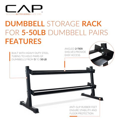CAP 280 LB, 550 LB, 1200 LB Dumbbell Set with Horizontal 2-3 Tier Rack, Rubber Hex Free Weights, Home Gym Weight Set for Strength Training