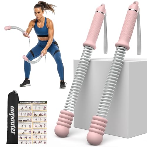 2PCS Heavy Duty Ropeless Battle Ropes, Adjustable Cordless Battle Rope for HIIT Cardio Workout, Non-Slip Spiral Handle Home Gym Equipment Pink