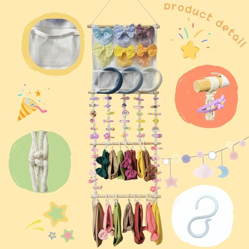 Hair Bows Organizer for Girls, Headband Holder | Hair Accessories Hanger, Cotton Rope, 9 Mesh Pockets & 20 Hooks, Large Capacity, Wall-Mounted Clip Storage, 41x15 in, Boho