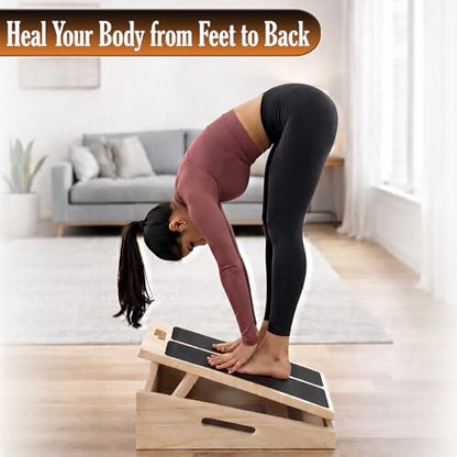 Wooden Slant Board for Exercise, Adjustable Slant Board Wide for Legs, Knees & Ankle Stretching, 450 Lbs Weight Capacity, Wooden Calf Stretch Board with Side Support & Top Handle