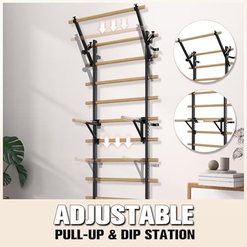 Swedish Ladder Wall Gym, Stall Bar Home Gym with Adjustable Pull-Up Bar, Dip Bar Attachments & 2pcs Resistance Band, 9 Strategic Rods for Core Strengthening and Stretching Balanced for Body Exercise