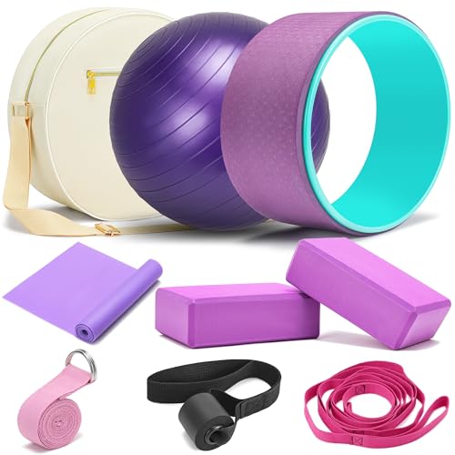 All in One Yoga Wheel Set, Soft Foam Roller Wheel for Back Pain & Stretching, Yoga Blocks 2 Pack with Strap, Trigger Point Therapy Massage Ball for Deep Tissue, Yoga Starter Kit for Beginner