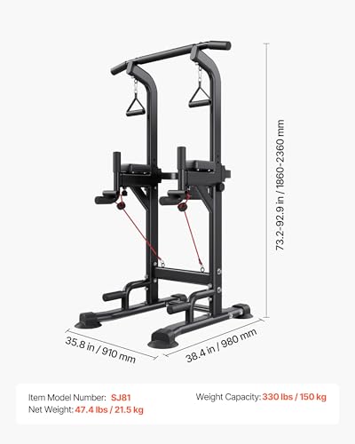 VEVOR Pull Up Bar, 330 LBS Power Tower Dip Station, Workout Dip Station with H-Shaped Stable Base & Back Pad, Adjustable 12 Level Height Free Standing Chin Up Bar for Back, 4-Level Adjustable Back Pad