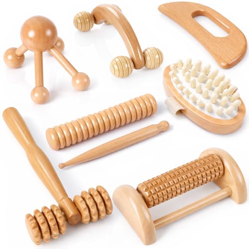 TrelaCo 8 Pcs Wood Therapy Massage Tools Set, Lymphatic Drainage Massager Maderoterapia Kit, Manual Massage Rollers for Muscle Pain Relief, Anti-Cellulite, Body Contouring and Shaping