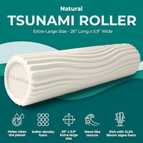 Tsunami Roller (Natural) - Extra-Large, 26" x 5.9" - Soft, Textured Foam Roller for Physical Therapy, Back Pain, Exercise & Stretching - Wave Textured - Yoga, Athletics, & Wellness