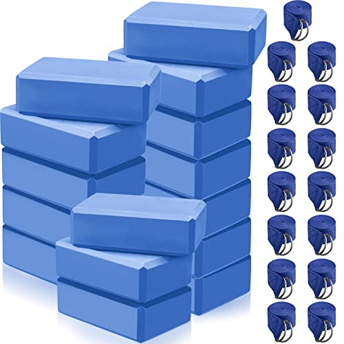 Wettarn 15 Pack Yoga Block and Strap Set 15 Pcs Non-slip Yoga Blocks with 15 Pcs Metal D Ring Stretching Exercise Workout Fitness Accessory for Gym