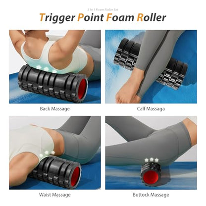 5 in1 Foam Roller Set, Trigger Point Foam Roller, Massage Roller Stick, Massage Ball, Resistance Band for Deep Muscle Massage Pilates Yoga,Fitness Exercise for Whole Body (Black-Red) - color: Black-red
