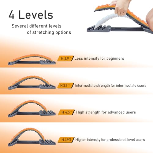 Back Stretcher for Lower Back Pain Relief - 4 Level Adjustable Spine Decompression & Cracking Device, Lumbar Support for Sciatica, Scoliosis and Posture Correction (Orange)