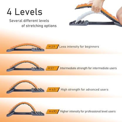 Back Stretcher for Lower Back Pain Relief - 4 Level Adjustable Spine Decompression & Cracking Device, Lumbar Support for Sciatica, Scoliosis and Posture Correction (Orange)