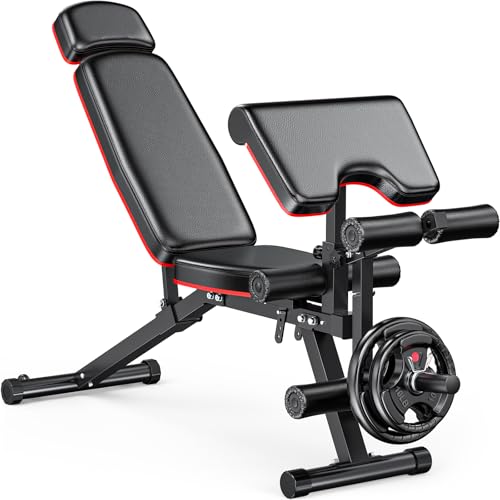 XDDIAS Workout Bench, Adjustable Weight Bench with Leg Extension and Leg Curl, Extended Headrest, 900LBS Preacher Curl Bench Incline Decline Flat Workout Bench for Home Gym Full Body Exercise