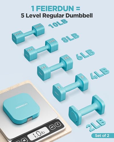 FEIERDUN DB3 5-in-1 Adjustable Dumbbell Set, 6LB/10LB Pair Adjustable Weights for Women at Home, Dual Locking Stable Hand Weights with TPU Soft Handle, Home Gym, Rehab, Pilates, Yoga, Strength Training - color: C-Mint Blue, style: 10LBS Pair (20LBS Total)