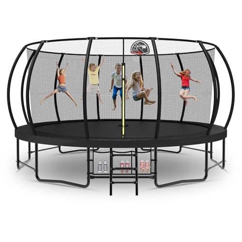 Tatub Large Trampolines Outdoor 10 12 14 15 16FT for Kids and Adults,Outdoor Recreational Pumpkin Trampolines with Curved Poles and Safety Enclosure Net, Basketball Hoop, Ladder - color: Black, size: 16FT with Storage Bag