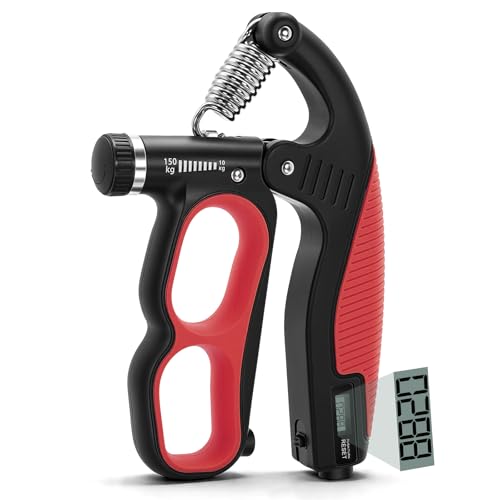 Grip Strength Trainer Adjustable 22-330 lbs with Electronic Counter, Hand Gripper Strengthener, Heavy Duty Forearm Strengthener, Wrist & Finger Exerciser for Grip Strength Training, Red
