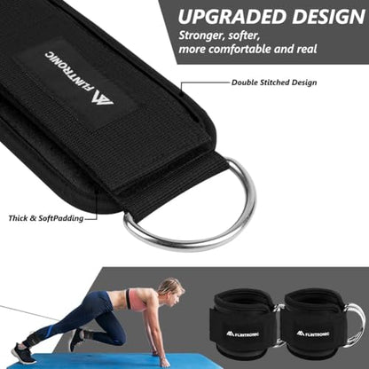 flintronic 2Pcs Ankle Straps for Cable Machine, Gym Cuffs with Double Stainless Steel D-Ring, Gym Ankle Cuff with Adjustable Neoprene Ve-lcro, Muscle Shaping for Men and Women - Black