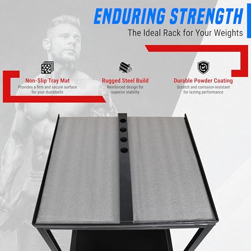 Large Compact Dumbbell Rack & Dumbbell Stand W/Storage Tray—Heavy-Duty Weight Rack Folds Flat for Easy Storage & 150 LB Capacity of Dumbbell Rack ; Use Expandable Dumbbells for Home Gym