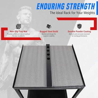 Large Compact Dumbbell Rack & Dumbbell Stand W/Storage Tray—Heavy-Duty Weight Rack Folds Flat for Easy Storage & 150 LB Capacity of Dumbbell Rack ; Use Expandable Dumbbells for Home Gym