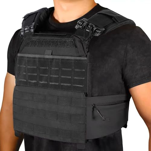 Tactical Weighted Vest for Men & Women Adjustable Strength and Endurance Workout Vest with MOLLE Panel Padded Shoulder Straps Breathable Mesh Quick Release Buckles for Running Rucking Training Fitness - color: Black