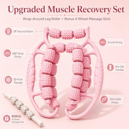Upgraded Leg Roller Massager, Open-Side Muscle Roller with 29 Textured Rollers, Ergonomic 3D Rolling Massager for Legs, Arms & Neck, Portable Muscle Relaxation Tool for Home Gym(Pink)