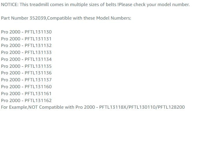 Treadmill (Running Belt) Walking Belt Compatible with Proform Pro 2000,Part Number 352039,Model PFTL131134,PFTL131136,PFTL131161,PFTL131162(Applicable Models Please Refer to The List) - style: Pro 2000(PFTL13113X/PFTL13116X)