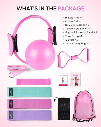 Home Pilates Kit, Pilates Essentials Kit for Women, Pilates Equipment Set with Pilates Ring, Resistance Bands & Accessories, Guides, Pilates Ring and Ball Set for Starters Home Workouts