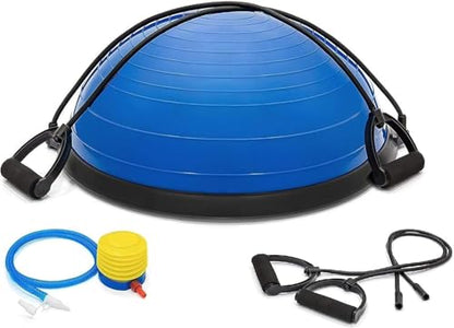 Half Exercise Ball Trainer - Balance Yoga Ball with 2 Straps, Resistance Bands & Foot Pump - Stability & Core Strength Board for Home Gym, Pilates, Fitness, Balance, Full Body Workouts