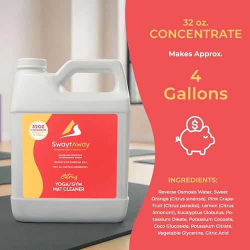 SwaytAway Fitness Mat Cleaner Concentrate – 32oz/Make 4 Gal - No-Slip No-Residue Citrus Essential Oil Formula – USA Made Aromatherapy Yoga Mat Spray for Home & Studio – Natural Cleaning Solution