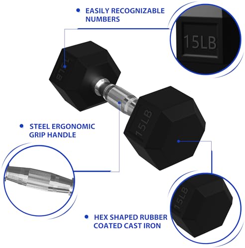 Signature Fitness Rubber Encased Hex Dumbbells with Optional Rack, 10 15 20LB Pairs and 5, 10 and 15 Pairs Weight Sets for Home Gym