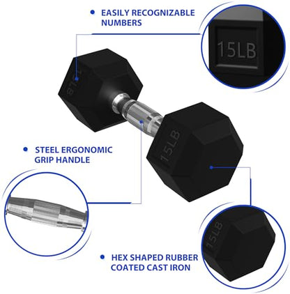 Signature Fitness Rubber Encased Hex Dumbbells with Optional Rack, 10 15 20LB Pairs and 5, 10 and 15 Pairs Weight Sets for Home Gym
