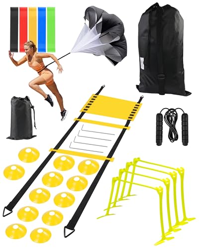 Speed and Agility Training Set, Agility Training Equipment for Kids with 20ft Sports Agility Ladders, Cones, Agility Hurdles, Resistance Parachute, Jump Rope for Basketball, Soccer