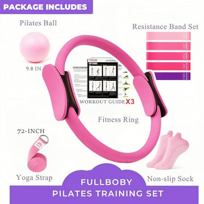 Pilates Ring Circle Set - Workout at Home Workout Equipment Women - Booty Bands Stretching Equipment Pilates Mini Exercise Ball for Legs Arms and Thighs
