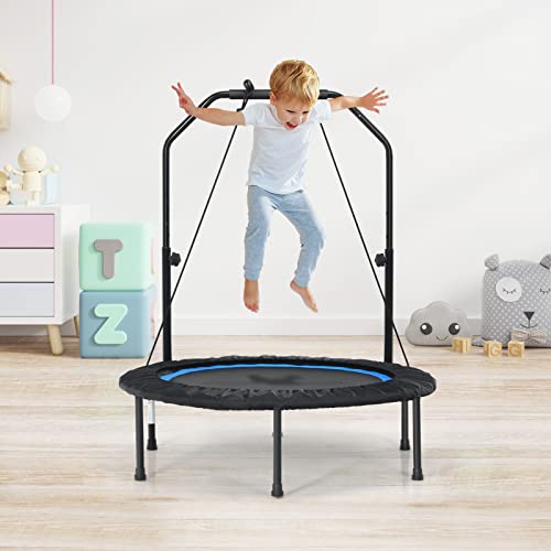 GYMAX Rebounder Trampoline for Adults, 40” Mini Exercise Trampoline with Height Adjustable Bar & Resistance Bands, 330LBS Foldable Workout Trampoline, Small Fitness Trampoline Indoor/Outdoor