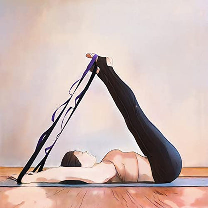 Muka Yoga Strap with 12 Loops for Workout Stretching, Non-Elastic Resistance Band for Fitness Pilates - color: Purple