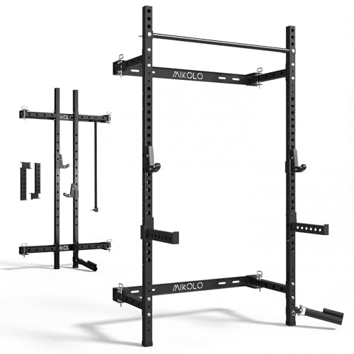 Mikolo 2" x 2" Folding Wall Mounted Squat Rack, 1000 Pounds Capacity Power Rack with Pull Up Bar, J Hooks and Other Attachments, Space-Saving Home Gym