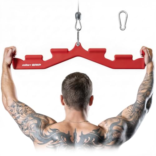 LAT Pull Down Bar with 6 Ergonomic Handles, Neutral Grip LAT Pulldown Attachments for Whole Back Training, Wide Grip LAT Pulldown Bars for Home Gym Cable - color: Red