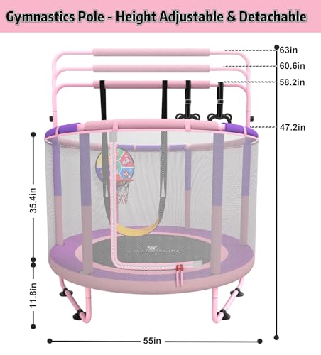 60" 6-in-1 Kids Trampoline, 5ft Mini Toddler Trampoline for Girls Boys - color: Pink&Purple 6-in-1