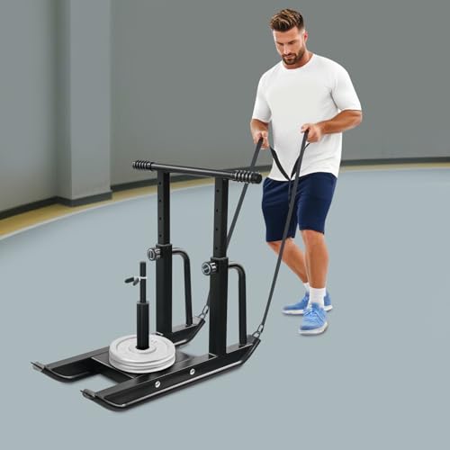 Adjustable Weight Sled,Push Pull Drag Sled,Fitness Sled,440lb Load,5 Height Settings,25in Handles,Grass Gym,Home,Shoulder Strap,Black,34.6in Base