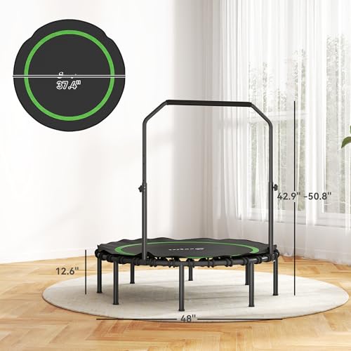 Soozier 45"/48" Rebounder Trampoline for Adults, 440lbs Foldable Mini Trampoline with Adjustable Handle, Quiet and Safe Bungee Rebounder Jumping Cardio Trainer for Indoor Outdoor Fitness Workout