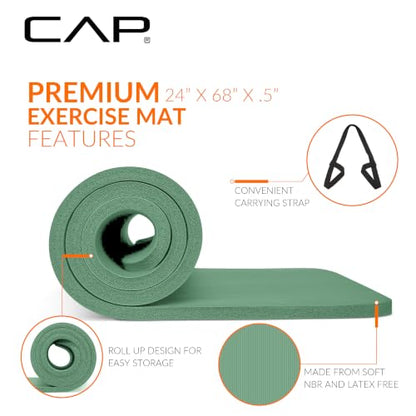 CAP Barbell 1/2-Inch High Density Exercise Yoga Mat with Strap | Multiple Options