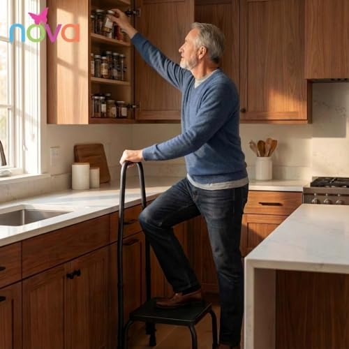 NOVA Step Stool with Handle, 300 lb Capacity – Non-Slip Rubber Platform, Steel Base with Skid-Resistant Feet, Removable Security Handrail, Lightweight 6.5 lb, Assembled, Gunmetal Gray - style: With Handle