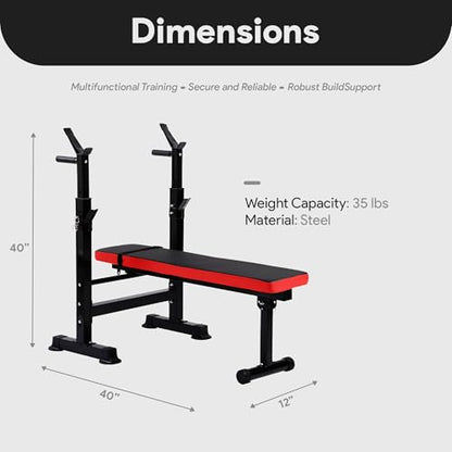 BalanceFrom Adjustable Folding Multifunctional Workout Station Adjustable Olympic Workout Bench with Squat Rack - color: Black/Red