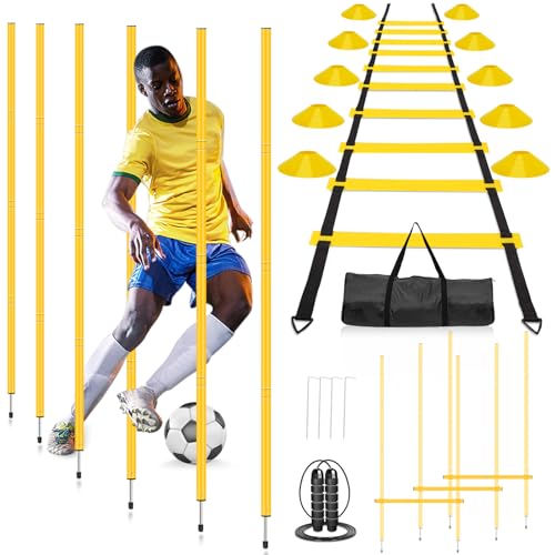 Agility Training Set with 3 Adjustable Speed Hurdles, 6 Poles, 1 Ladder, 12 Soccer Cones and Jump Rope, Footwork and Coordination Equipment for Soccer, Football, Basketball, Youth and Adults