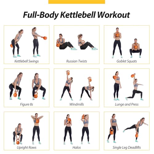 Vinyl Coated Kettlebell 20 lbs, Orange, Wide Smooth Handle, Flat Bottom, Strength Training for Home Gym Workout